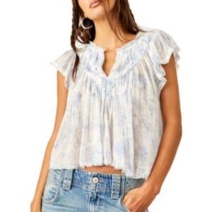 Free People Blue and White Toile Flutter Sleeve Blouse
